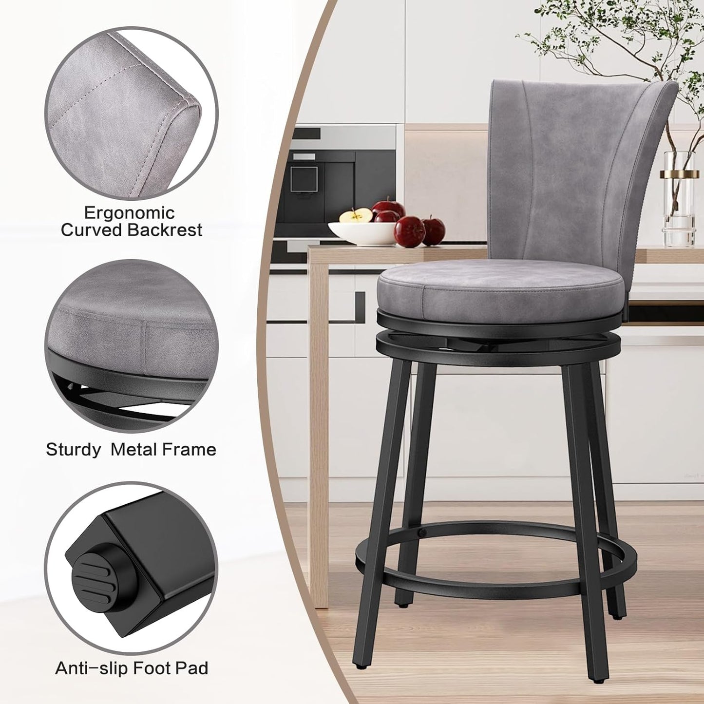 Bar Stools Set of 2, Counter Height Swivel Bar Chair with High Backrest, 24" Round Seat Barstools for Kitchen Island, Pub, Metal Base, Upholstered PU Leather Dining Chairs Grey
