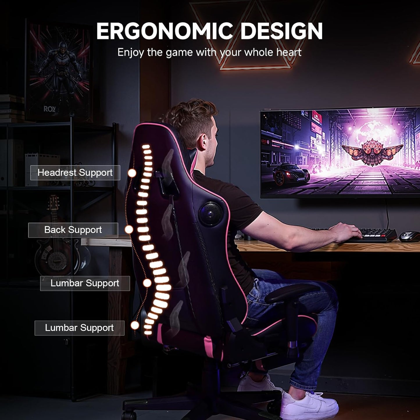 GTPLAYER Gaming Chair with Bluetooth Speakers and Footrest, Ergonomic Gamer Chair with Reclining Backrest, 3D Armrests, Adjustable Seat Height, Computer Desk Chair for Adults (Colourful)