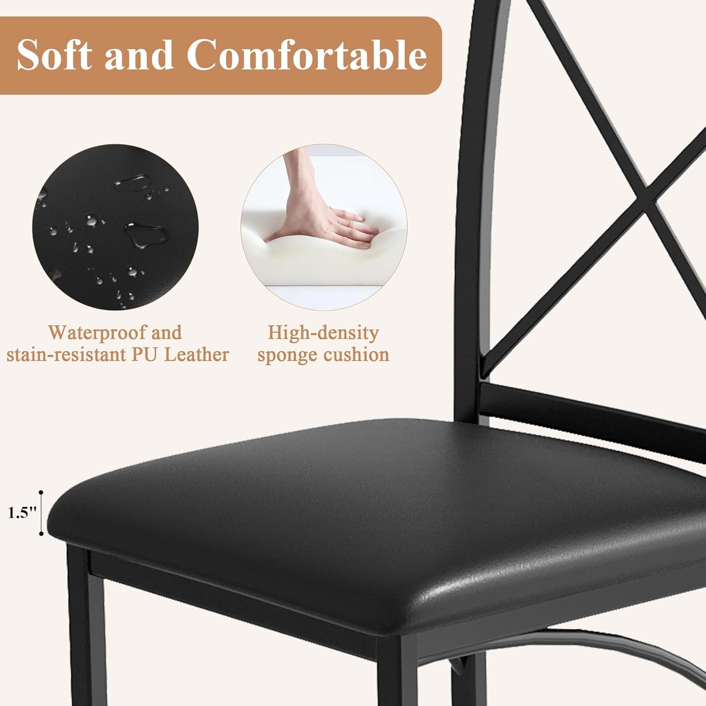 VECELO Metal Dining Chairs Set of 4, Steel Legs and PU Leather Cushion Seats for Kitchen, Living Room, Black