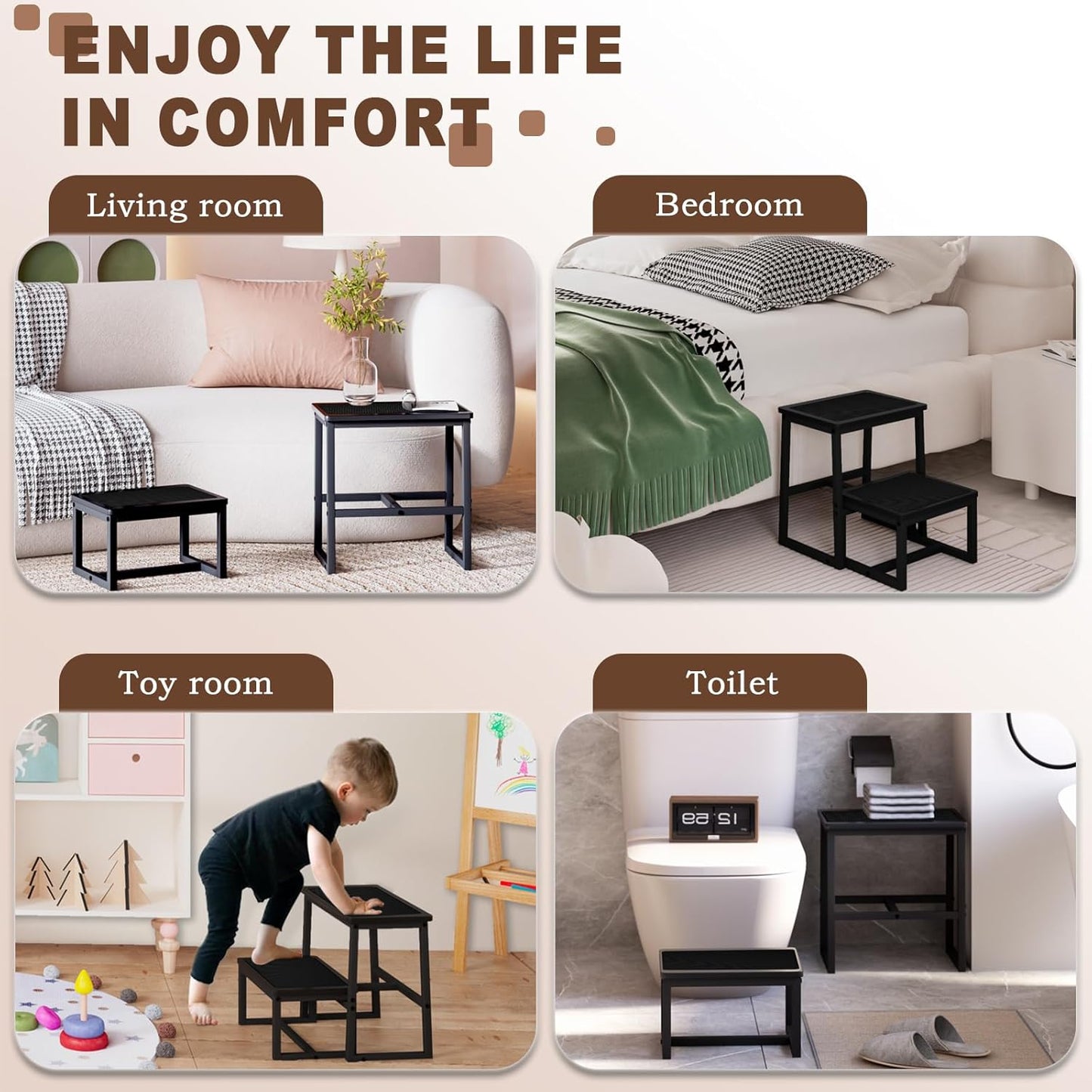 Step Stool for Kids Adults,Holds up to 500Lb,3 in1 Heavy Duty Sturdy Two Foot Stool for Kichen/Bathroom/High beds, Wooden&Metal Frame, Non-Slip Pads…