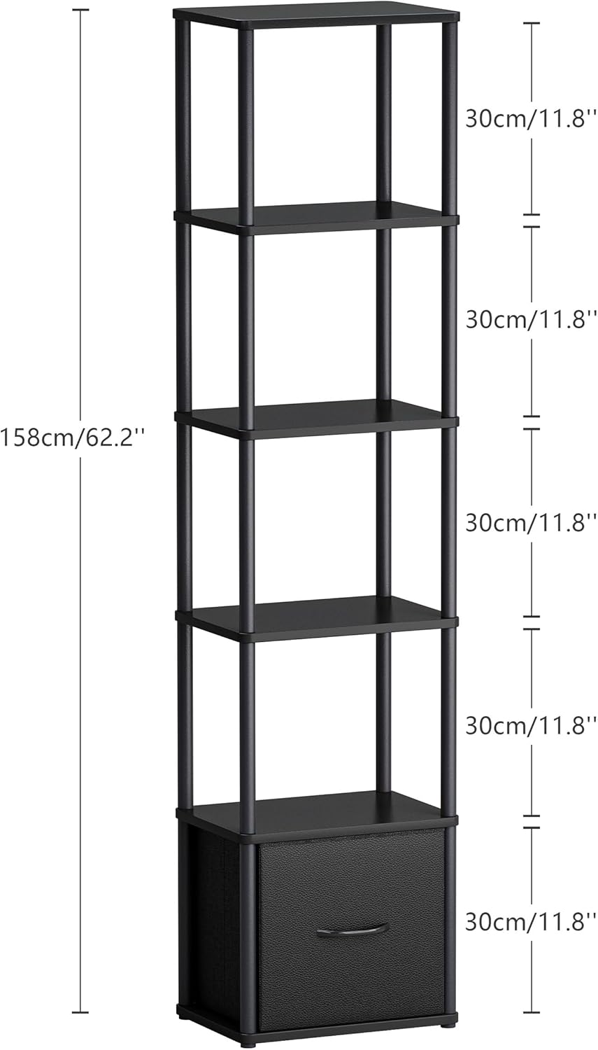 6-Tier Bookshelf with Drawer, Narrow Bookshelves Organizer, Floor Standing Ladder Shelf, Tall Bookcase for Small Space, Book shelf with Storage for Living Room, Bedroom, Office, Study Black HBC505B