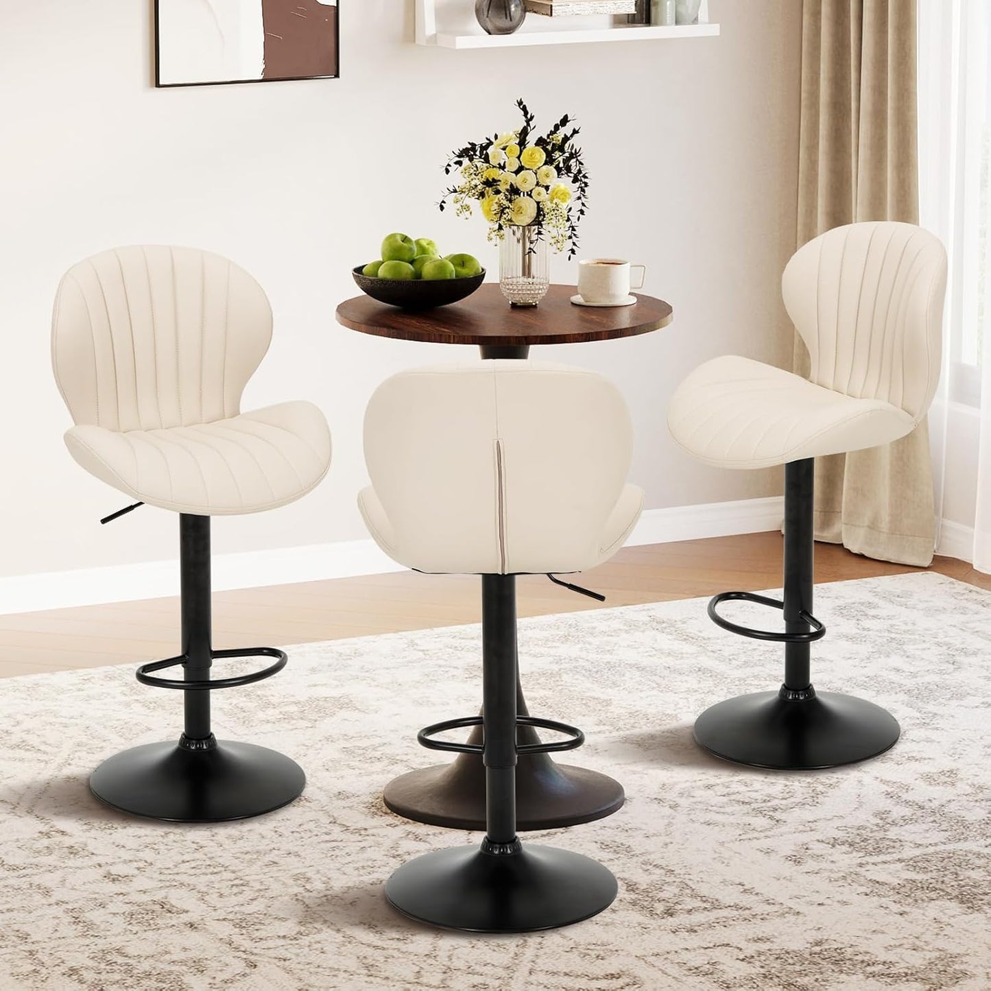 COLAMY Bar Stools Set of 6, Modern Swivel Bar Chairs, Adjustable Faux Leather Upholstered Barstools Counter Height with High Backrest for Bar, Kitchen Island, Dining Room, Beige
