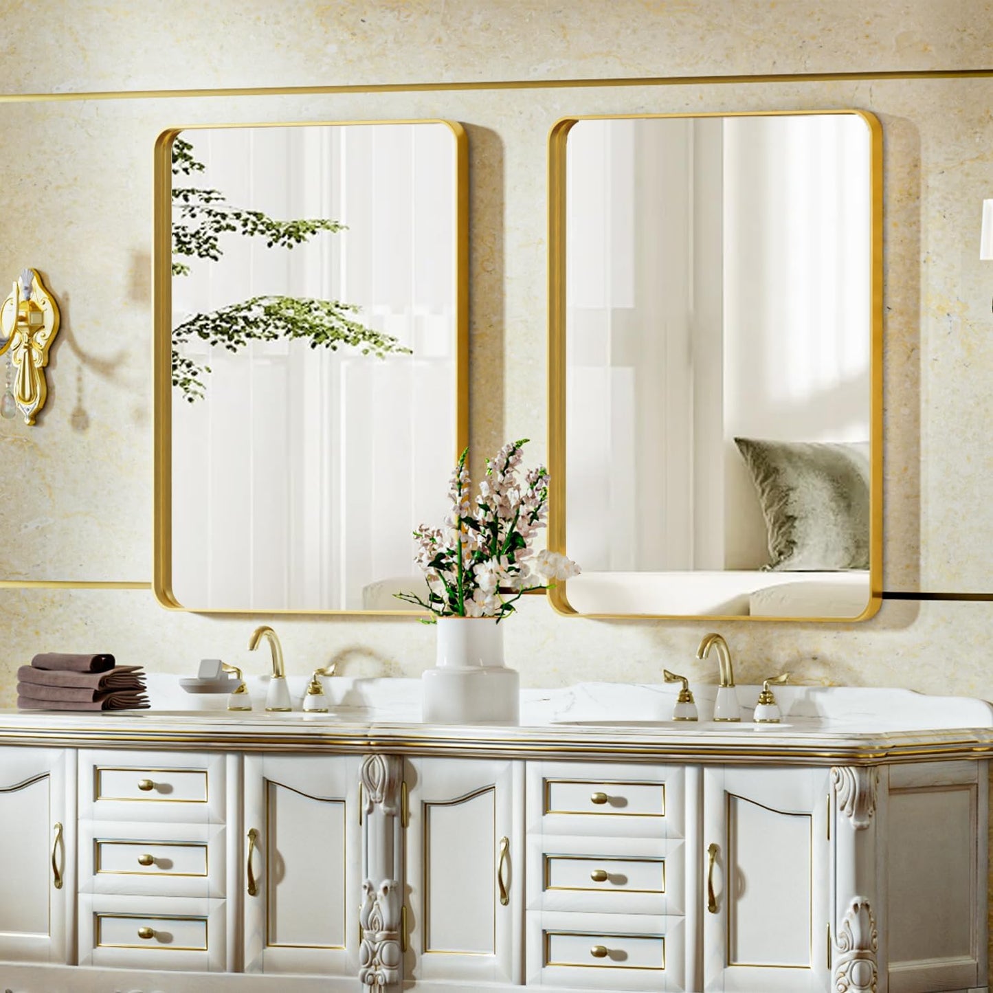 Bathroom Mirror 20x30 inch, Gold Gorgeous Deep Frame Wall Mirror, Modern Round Corner Bathroom Vanity Mirror for Bedroom, Living Room, Hanging or Leaning Horizontal or Vertical, Gold