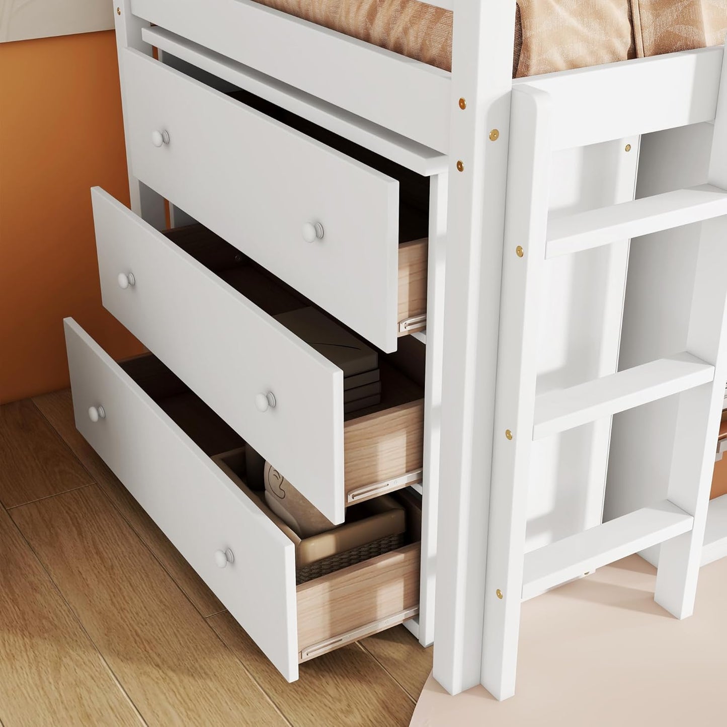 KEIKI Twin Loft Bed with Pull-Out Desk, Drawers & Open Shelves, Wooden Bed Frame with Guardrail, Low Design for Kids, White