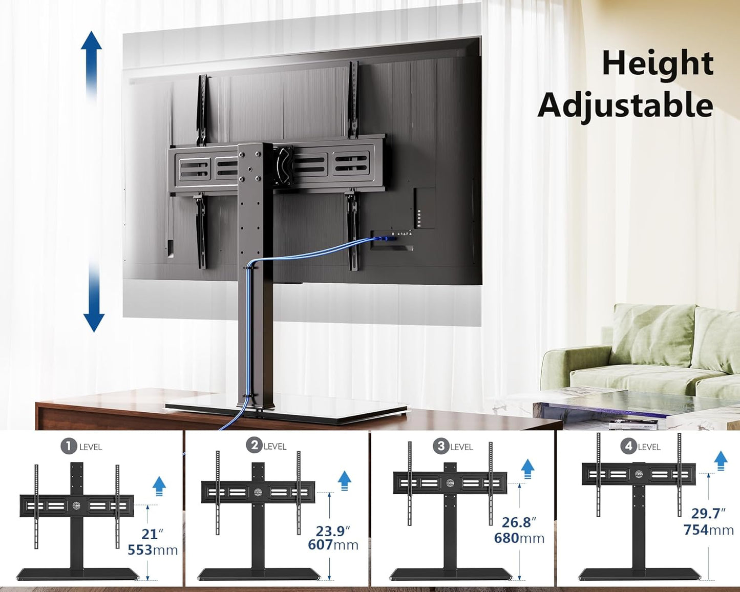 FITUEYES Universal TV Stand with Swivel Mount for 50-85 inch Flat Screens - Height Adjustable Tempered Glass Base Holds up to 143 lbs