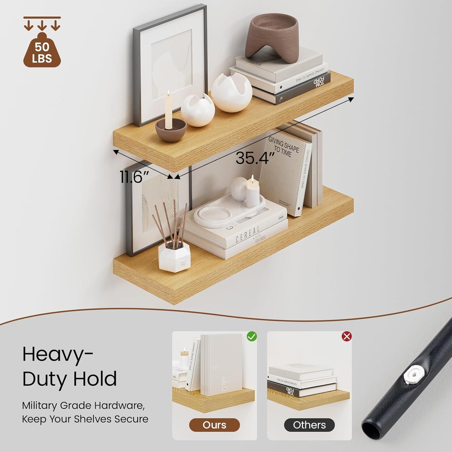 Heimlove 36 Inch Wall Shelf Bathroom Shelves Set of 2, 12" Deep Floating Shelves for Wall, Wall Mounted Shelves for Books Living Room Laundry Room Bedroom Kitchen Home Office