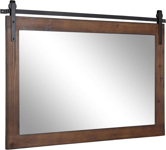 Kate and Laurel Cates Farmhouse Horizontal Wood Framed Wall Mirror; 38 x 27; Walnut Brown; Barn Door-Inspired Decorative Hanging Mirror for Wall Decor