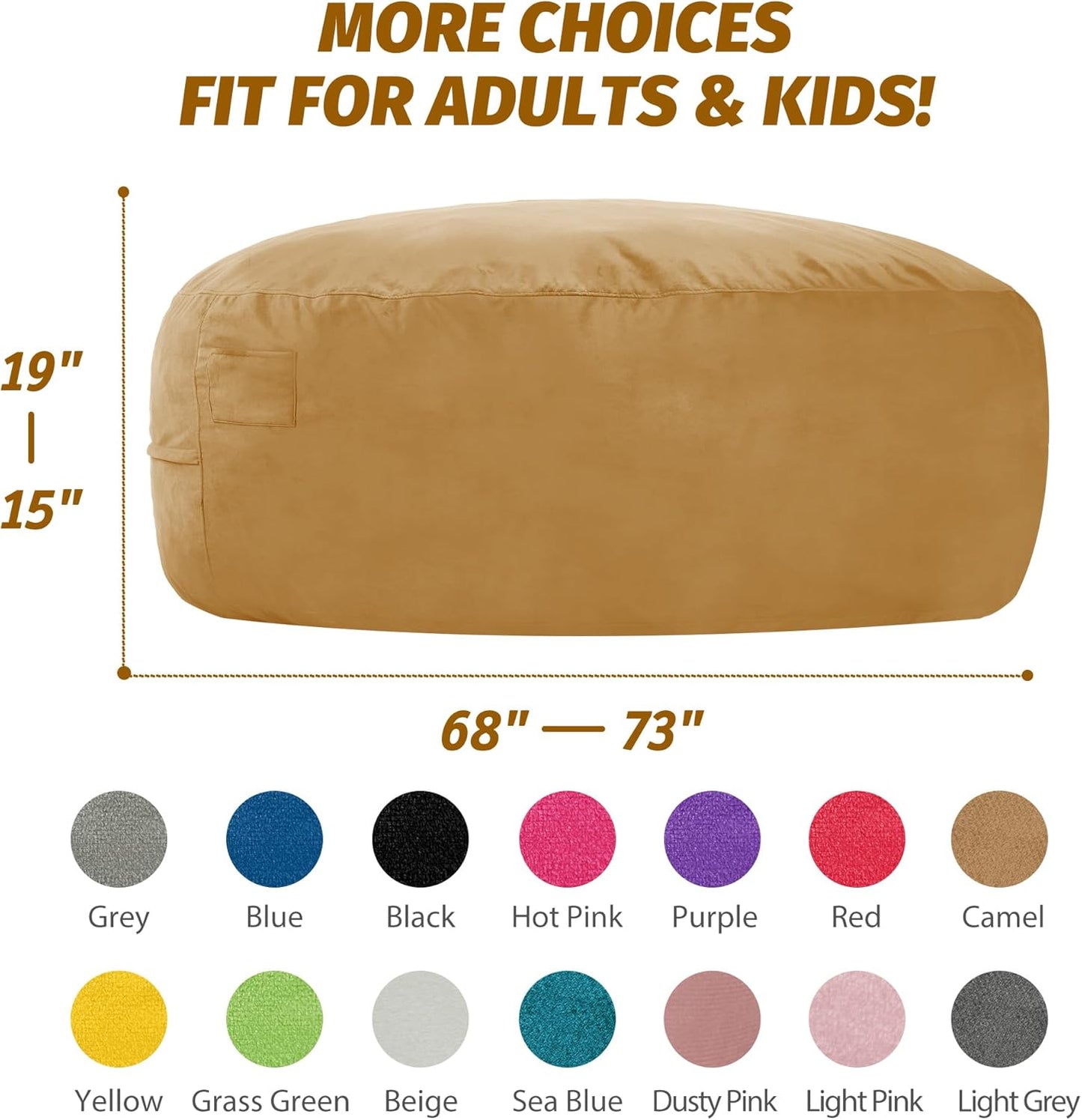 7FT Bean Bag Chair with Ultra Soft Velvet Cover Bean Bag Sofa with Memory Foam Bean Bag Chairs with Large Size Lazy Sofa for Dorm Office Living Room Bedroom Camel 7'