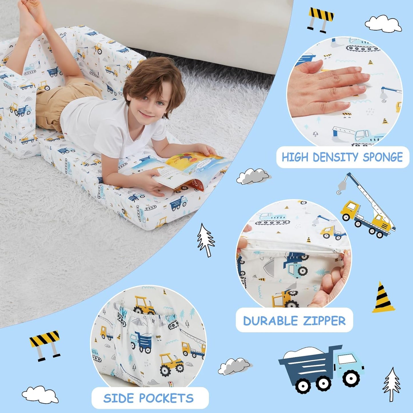 Viviland Kids Chairs for Toddler,2-in-1 Soft Toddler Couch Fold Out,Convertible Soft to Lounger Toddke Chair Comfy for Girls and Boys,White Bottom Excavator