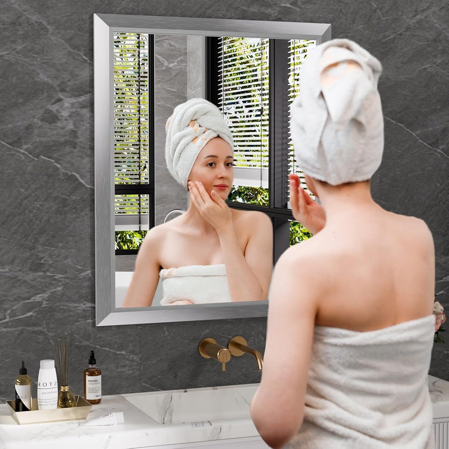 Amorho 20x30 Inch Bathroom Mirror Silver, Thick Metal Framed Wall Mirrors for Over Sink, Brushed Nickel Mirror Perfect for Bedroom, Living Room, Entryway, Rectangle (Horizontal/Vertical).