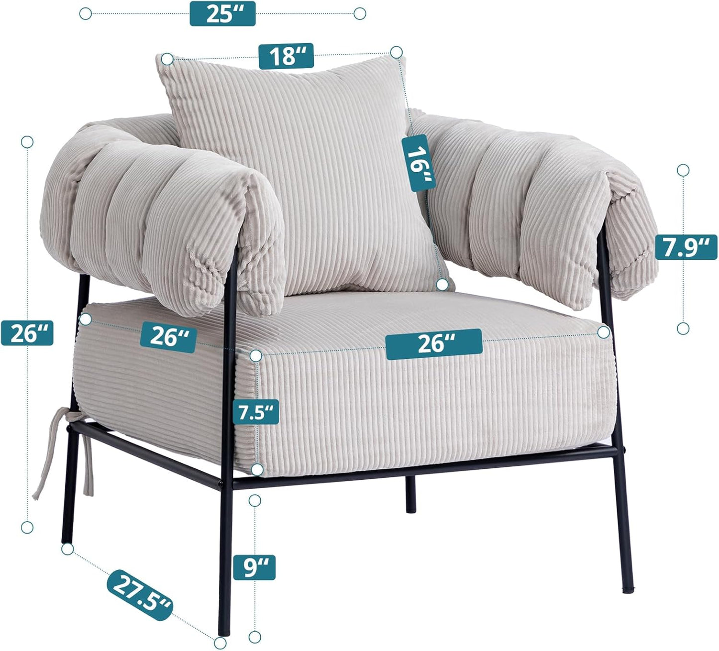 HollyHOME Modern Velvet Accent Chair, Upholstered Comfy Reading Chair, Fabric Large Lazy Arm Chair with Soft Cushion, Metal Frame Lounge Sofa Chair for Living Room, Bedroom, Balcony, Grey