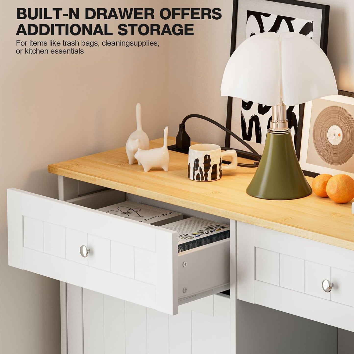 GAZHOME 20 Gallon Double Tilt Out Wooden Trash Cabinet with Charging Station, Upgrade Free Standing Recycling Cabinet with Outlet,White