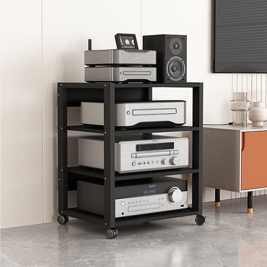 4 Tier Audio Rack Tower, CD Record Player Stereo Receiver AV Equipment Cabinet Display Rack, Weight Capacity 220 lbs, with Adjustable Wooden Shelves for Home (Black, 4tier)