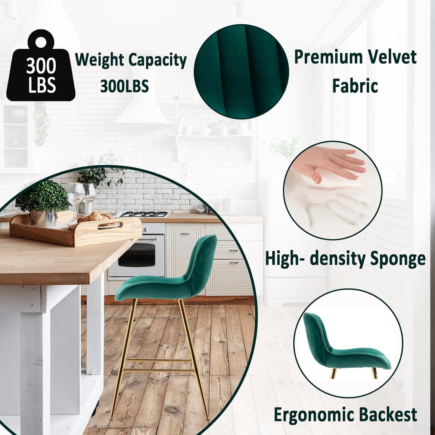 Sidanli Counter Height Bar Stools Set of 2, Modern Velvet Barstools with Back, 24 inch Seat Height Comfortable Island Stools with Gold Legs, Green