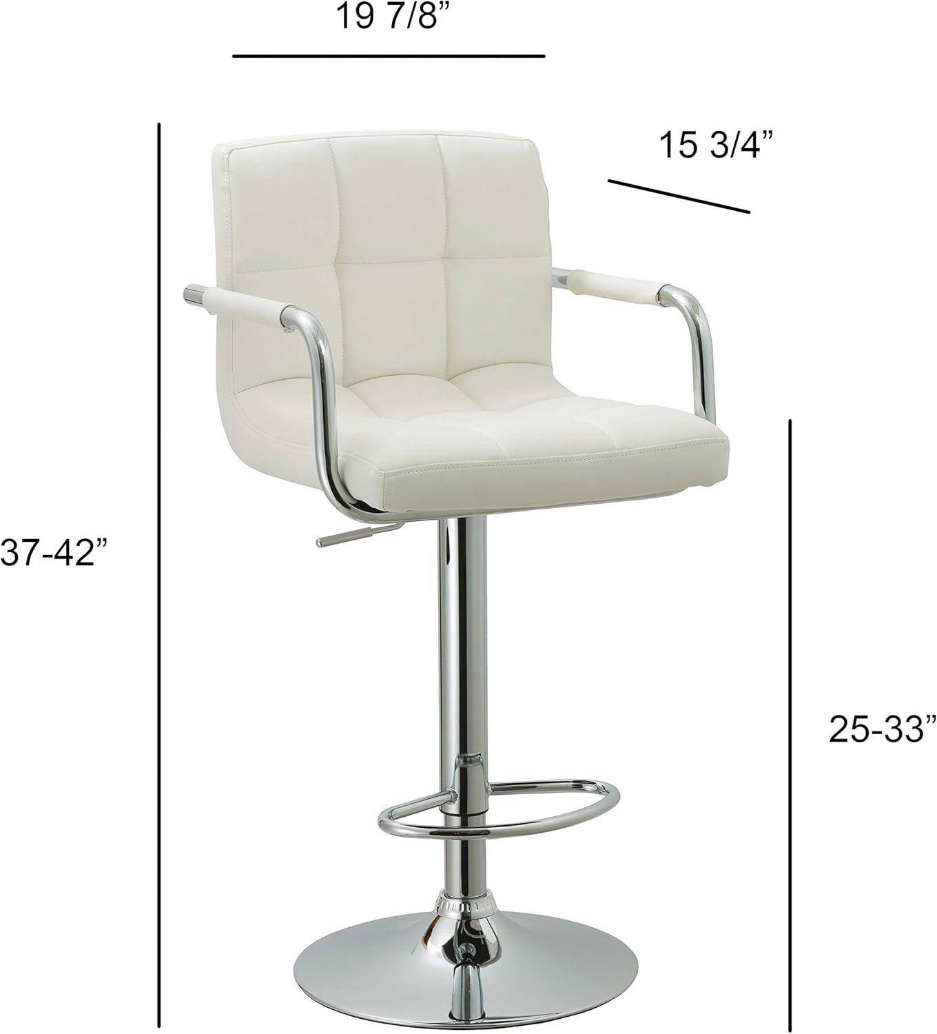 AC Pacific Contemporary Adjustable Swivel Kitchen Bar Stool Chair with Cushion and Armrest, 24"-33", White