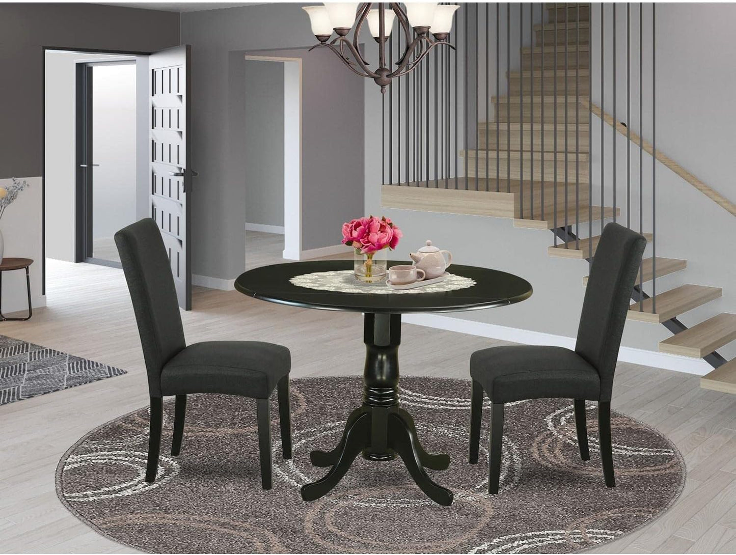 East West Furniture DLDR3-BLK-24 3 Piece Kitchen Table Set Contains a Round Dining Table with Dropleaf and 2 Black Color Linen Fabric Upholstered Chairs, 42x42 Inch, Black