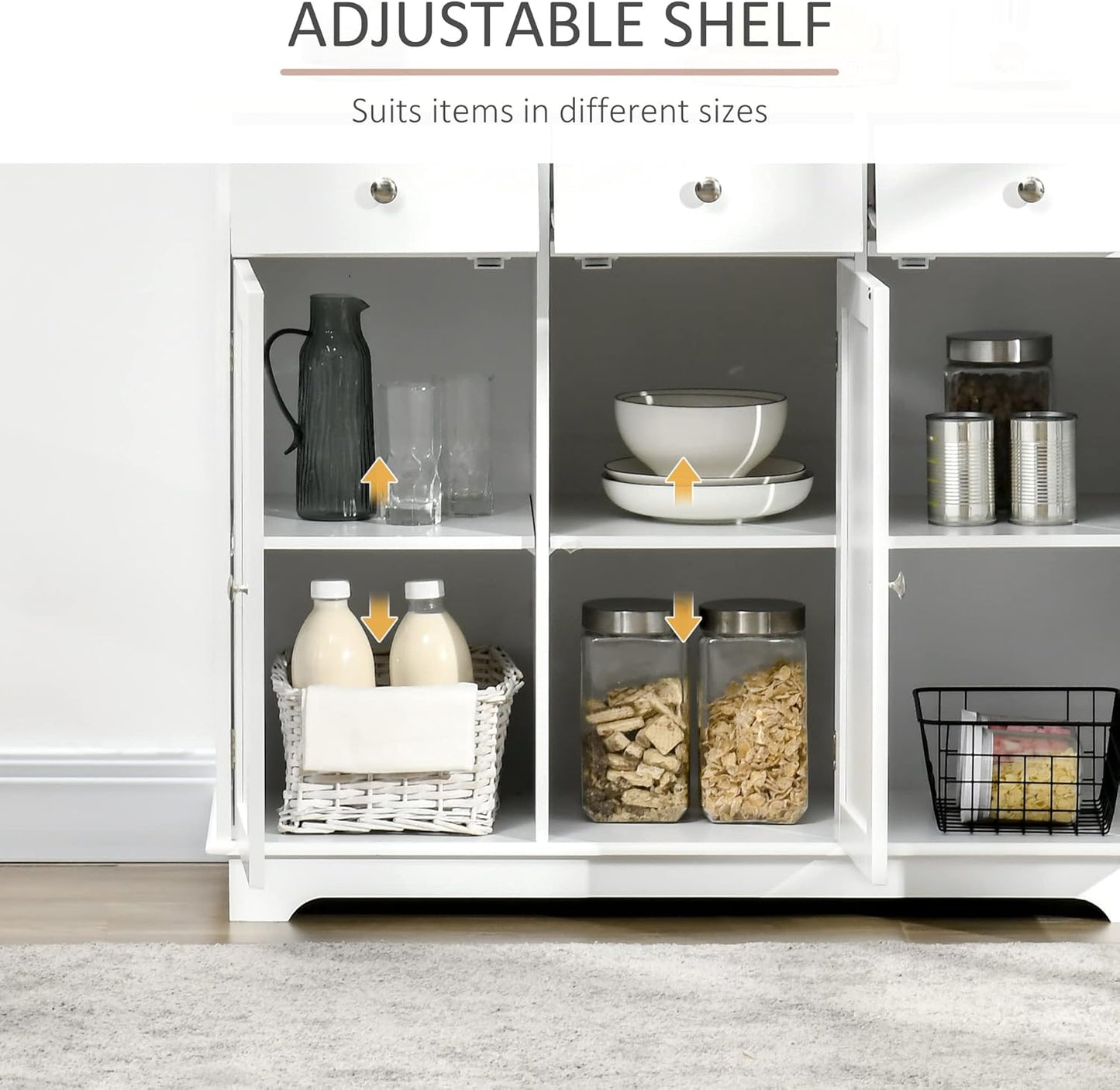 HOMCOM Sideboard with Solid Wood Countertop, Modern Kitchen Storage Cabinet, Coffee Bar Cabinet with 3 Drawers, Doors and Adjustable Shelf, White