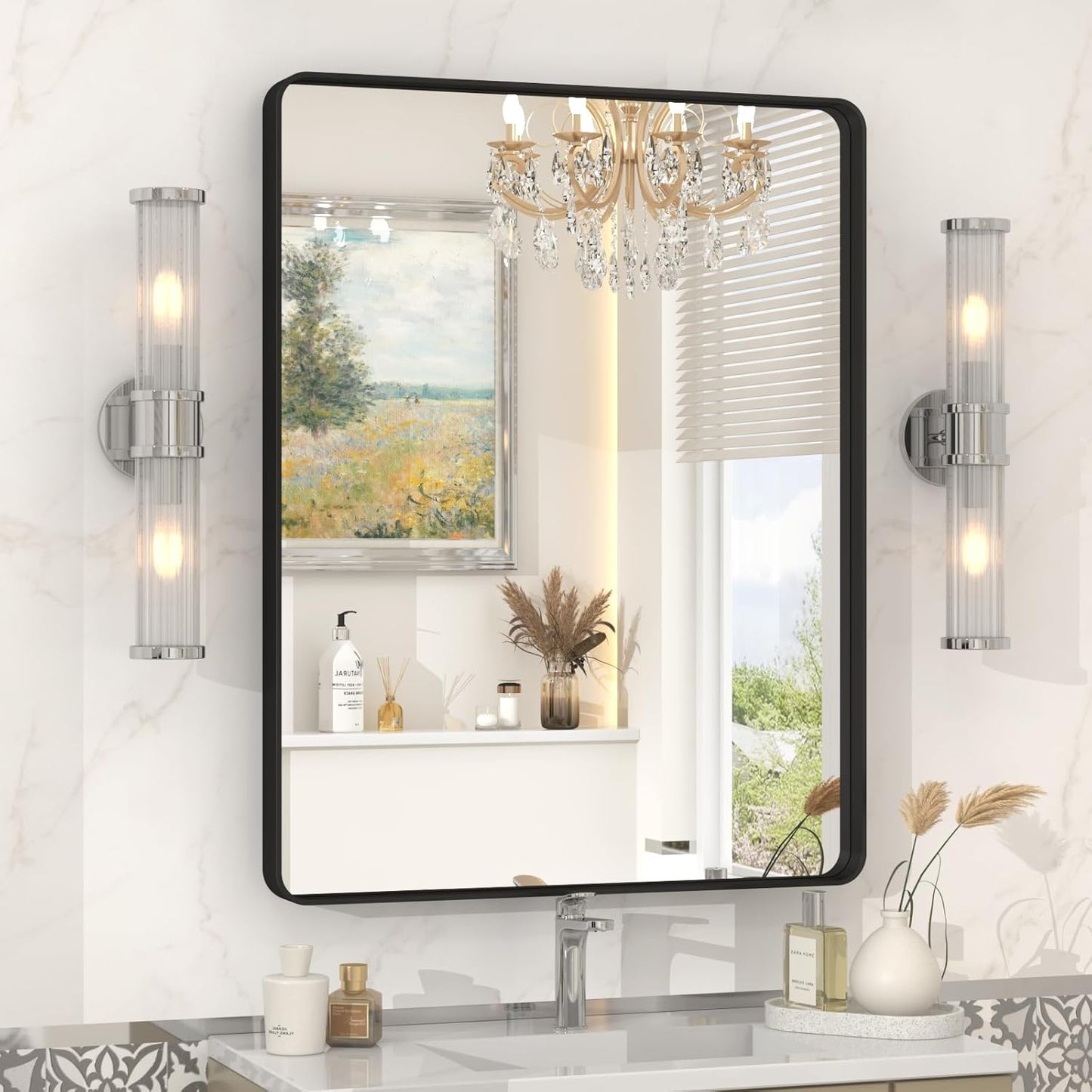 22x30 Inch Black Metal Framed Mirror for Bathroom, Matte Black Vanity Mirror, Rounded Rectangle Bathroom Mirror, Anti-Rust, Shatterproof (Horizontal/Vertical)