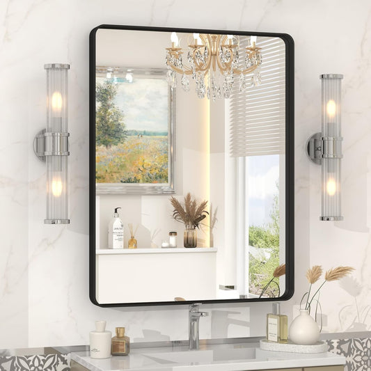 22x30 Inch Black Metal Framed Mirror for Bathroom, Matte Black Vanity Mirror, Rounded Rectangle Bathroom Mirror, Anti-Rust, Shatterproof (Horizontal/Vertical)