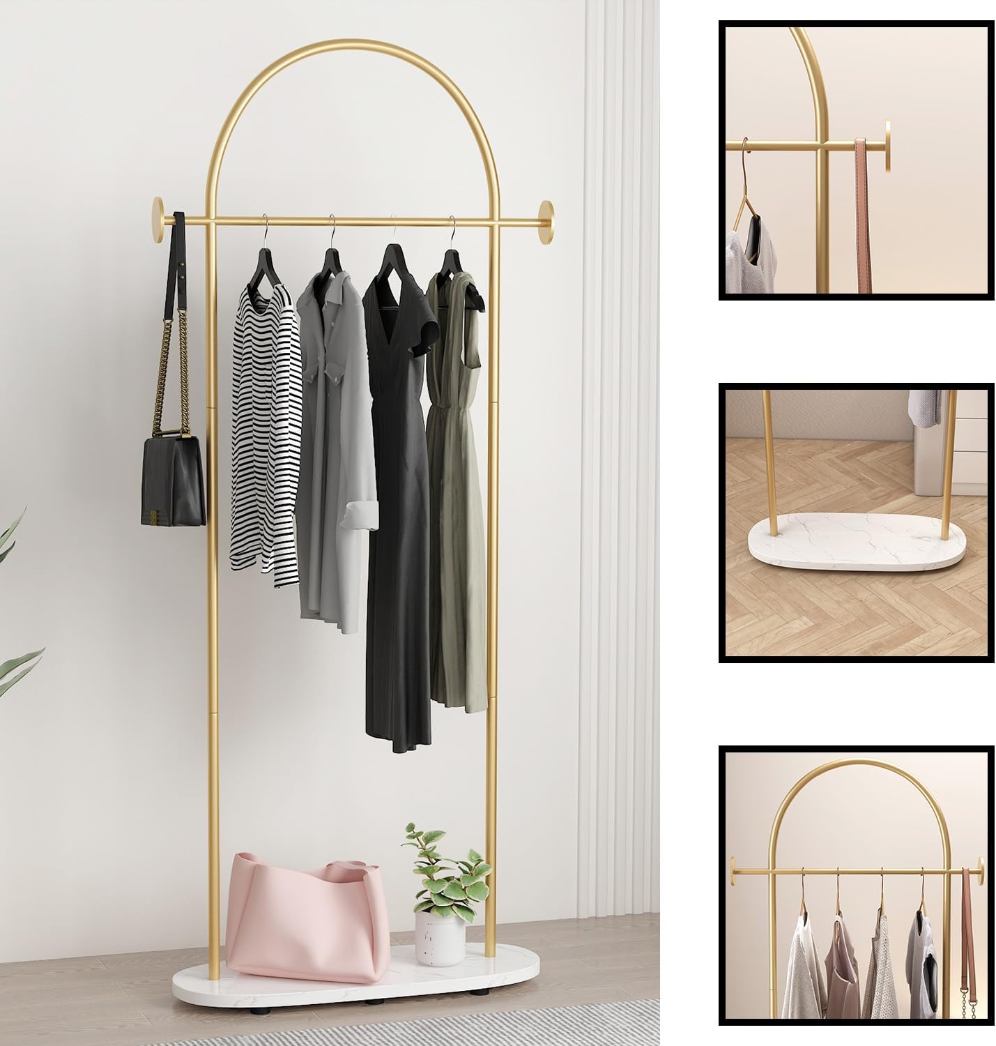 Gold Clothing Rack, Modern Clothes Rack with Shelf, Heavy Duty Freestanding Coat Rack, Metal Coat Hanger Stand with Hooks for Boutique Office