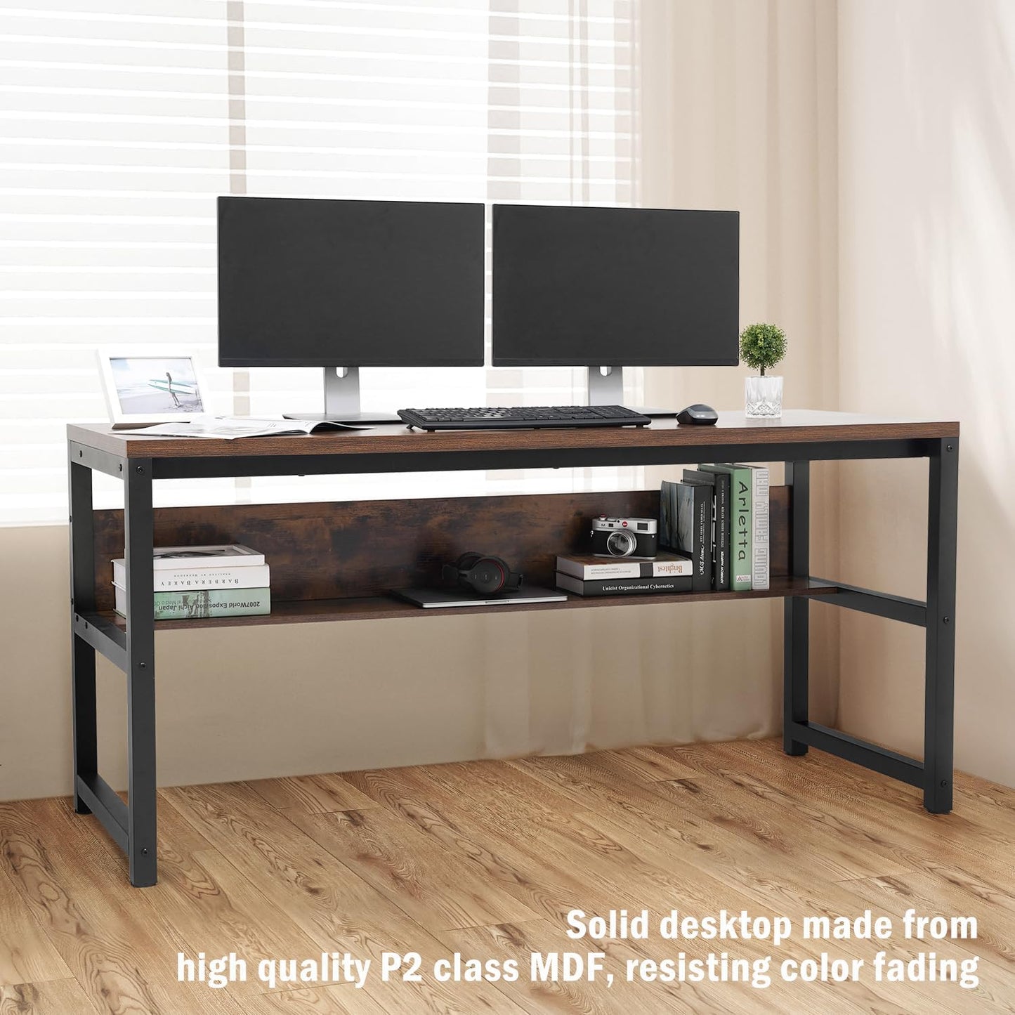 TOPSKY Computer Desk with Bookshelf/Metal Hole Cable Cover 1.18" Thick Desk (Rustic Brown, 63")