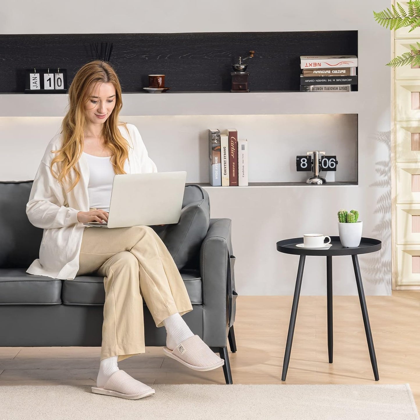 Apicizon 16" Round Side Table, Black End Table for Living Room, Bedside, Mid Century Modern Coffee Table or Circle Accent Table for Small Spaces, Metal Nightstand (Black)