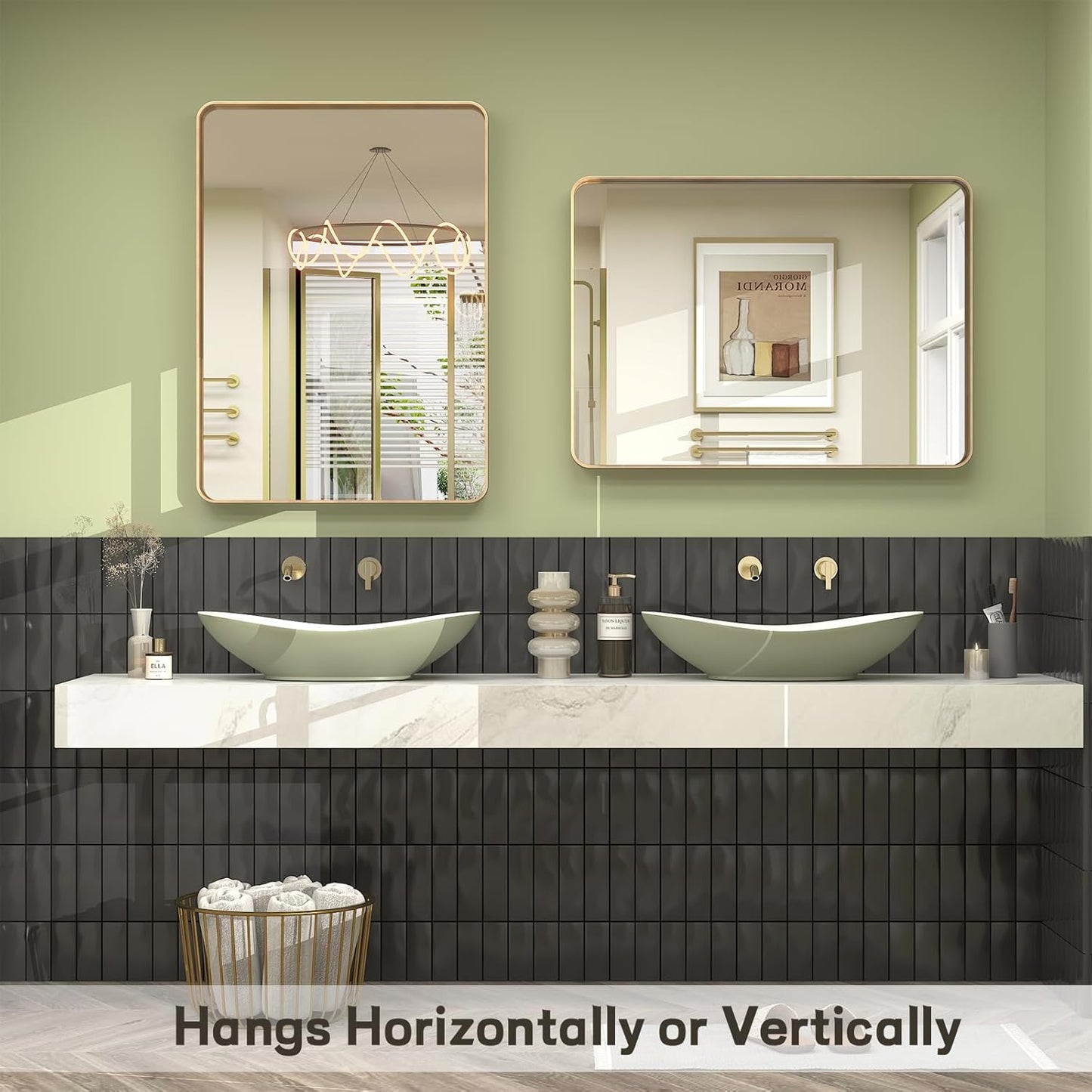 24x32 Inch Gold Framed Bathroom Mirror, Rectangle Brushed Gold Metal Vanity Mirror, Gold Rectangle Mirror for Wall, Rounded Corner, Tempered Glass, Anti-Rust, Shatterproof (Horizontal/Vertical)