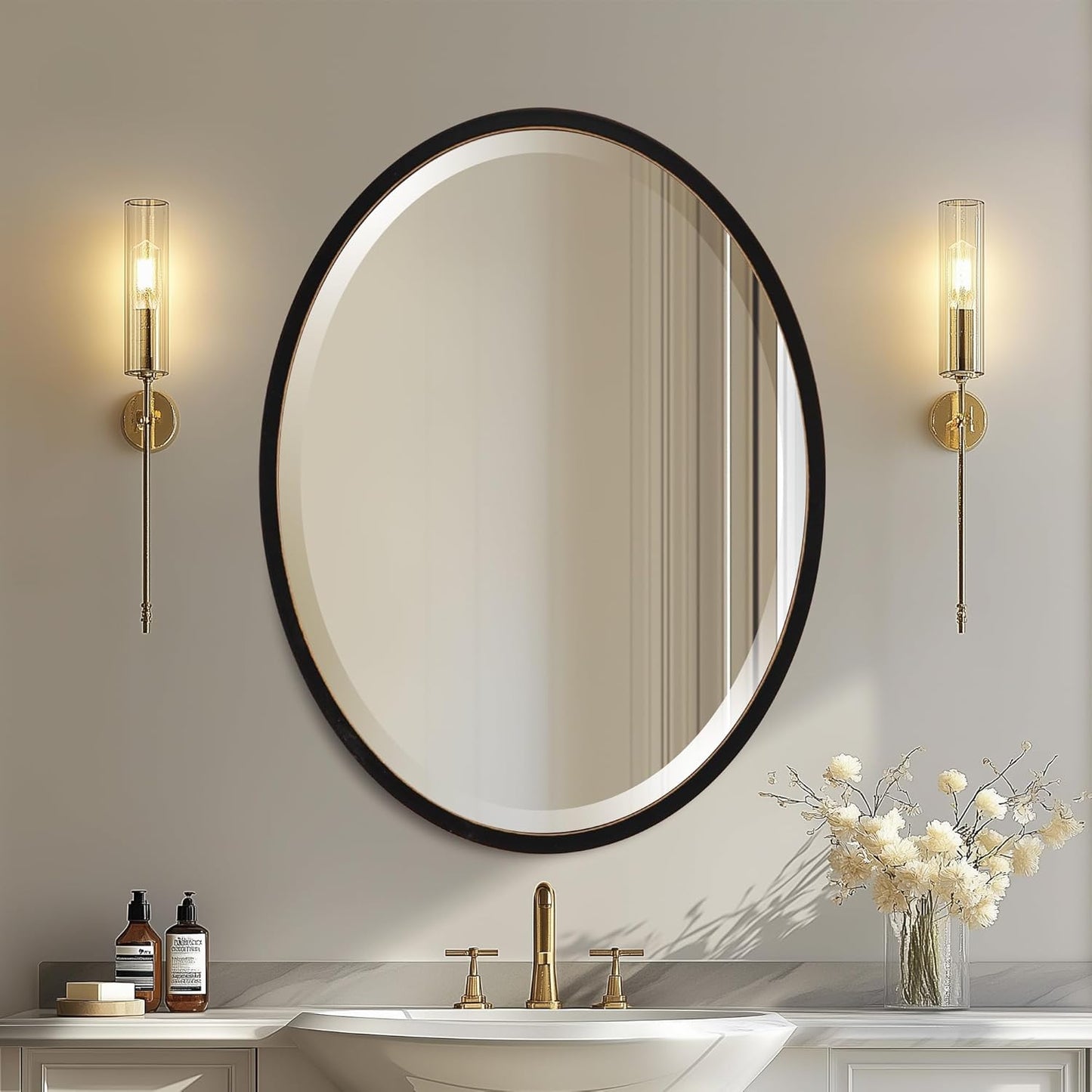 OVALCREST - Oval Wooden Beveled Wall Mirror for Home Decor, Bathroom, Vanity, Bedroom, Living Room, Hallway - London Style (Rubbed Black) 19.1 x 25.1
