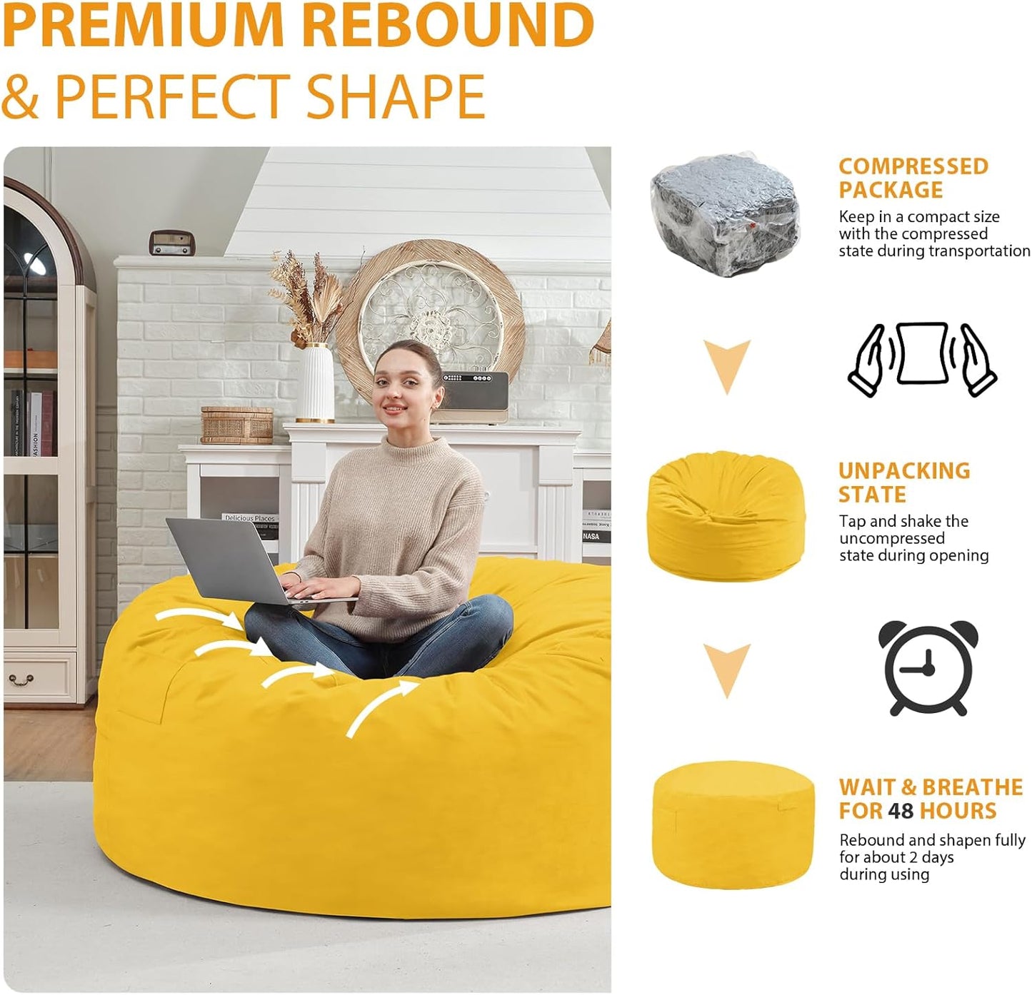 3FT Bean Bag Chair, Comfy Bean Bag Chairs with Memory Foam Filled, Fluffy Beanbag Sofa with Dutch Velvet Cover, Round BeanBag Chairs for Living Room, Playroom - Lemon