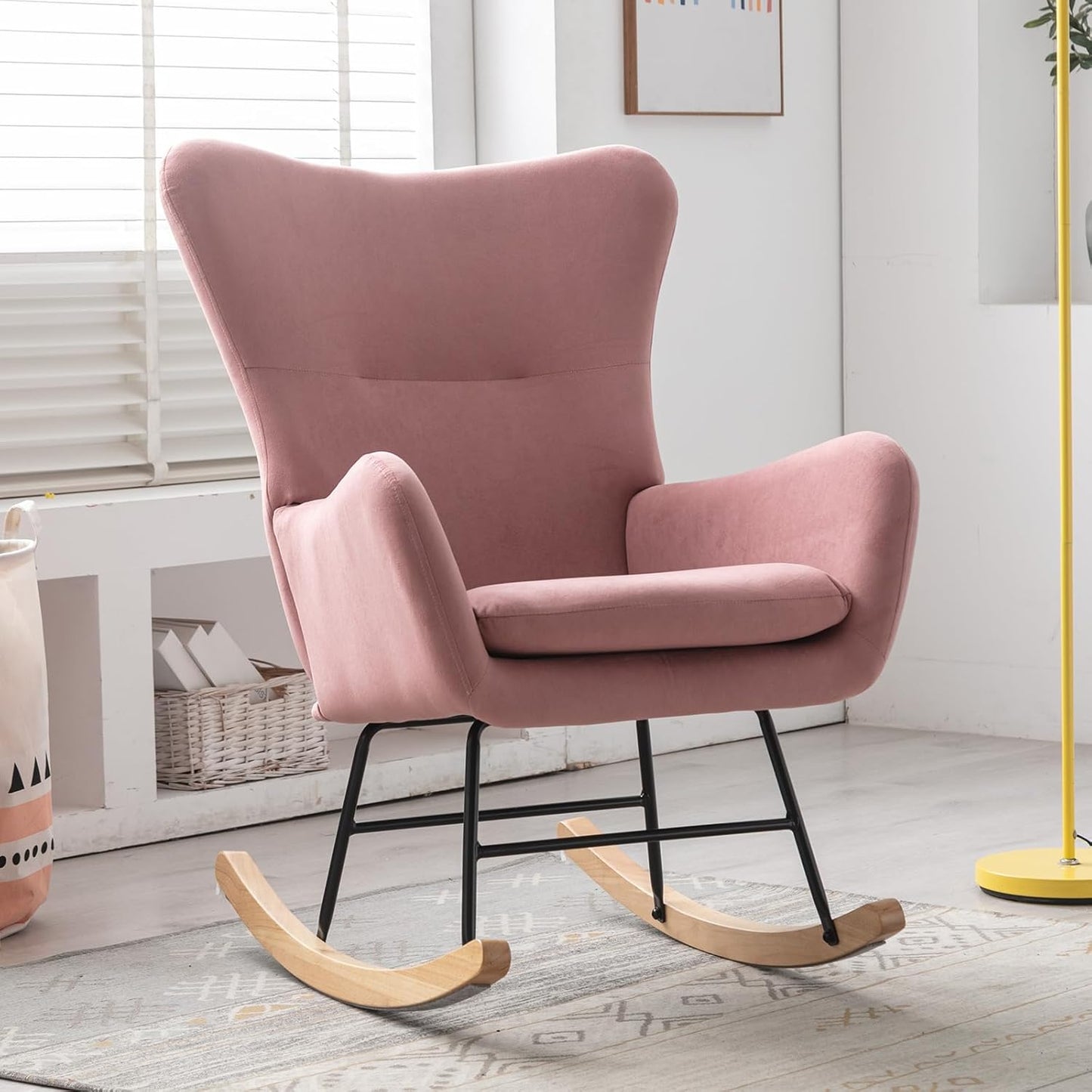 Phoenix Home Rocking Chair Nursery Velvet Upholstered Glider Rocker Rocking Accent Chair Padded Seat with High Backrest Armchair Comfy Side Chair for Living Room Bedroom Offices, Pink