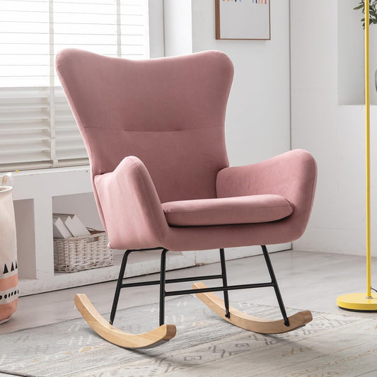 Phoenix Home Rocking Chair Nursery Velvet Upholstered Glider Rocker Rocking Accent Chair Padded Seat with High Backrest Armchair Comfy Side Chair for Living Room Bedroom Offices, Pink