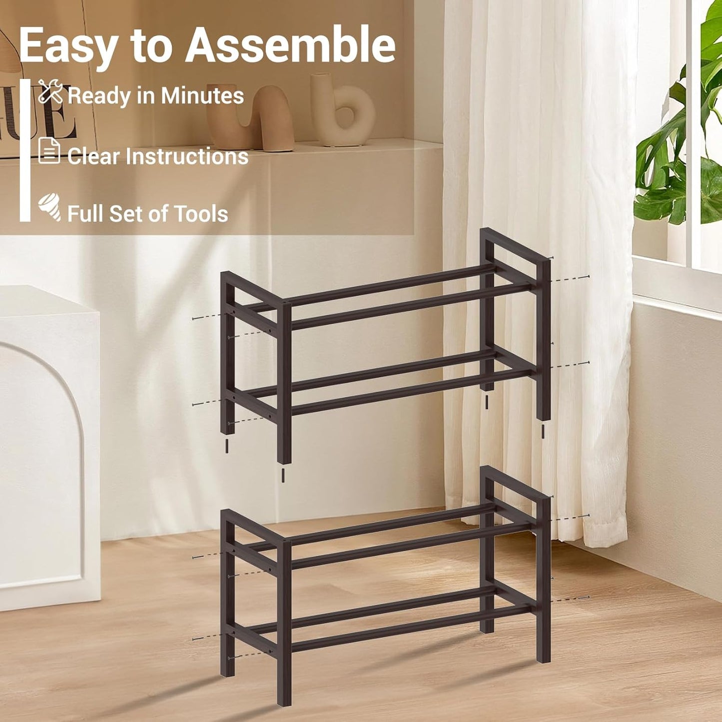 Haddockway Bamboo Shoe Rack for Closet, Free Standing Shoe Organizer with Smooth Round Rods & Convenient Handles, Stackable Shoe Storage Shelf for Entryway, Hallway(Brown, 4-Tier(Small))