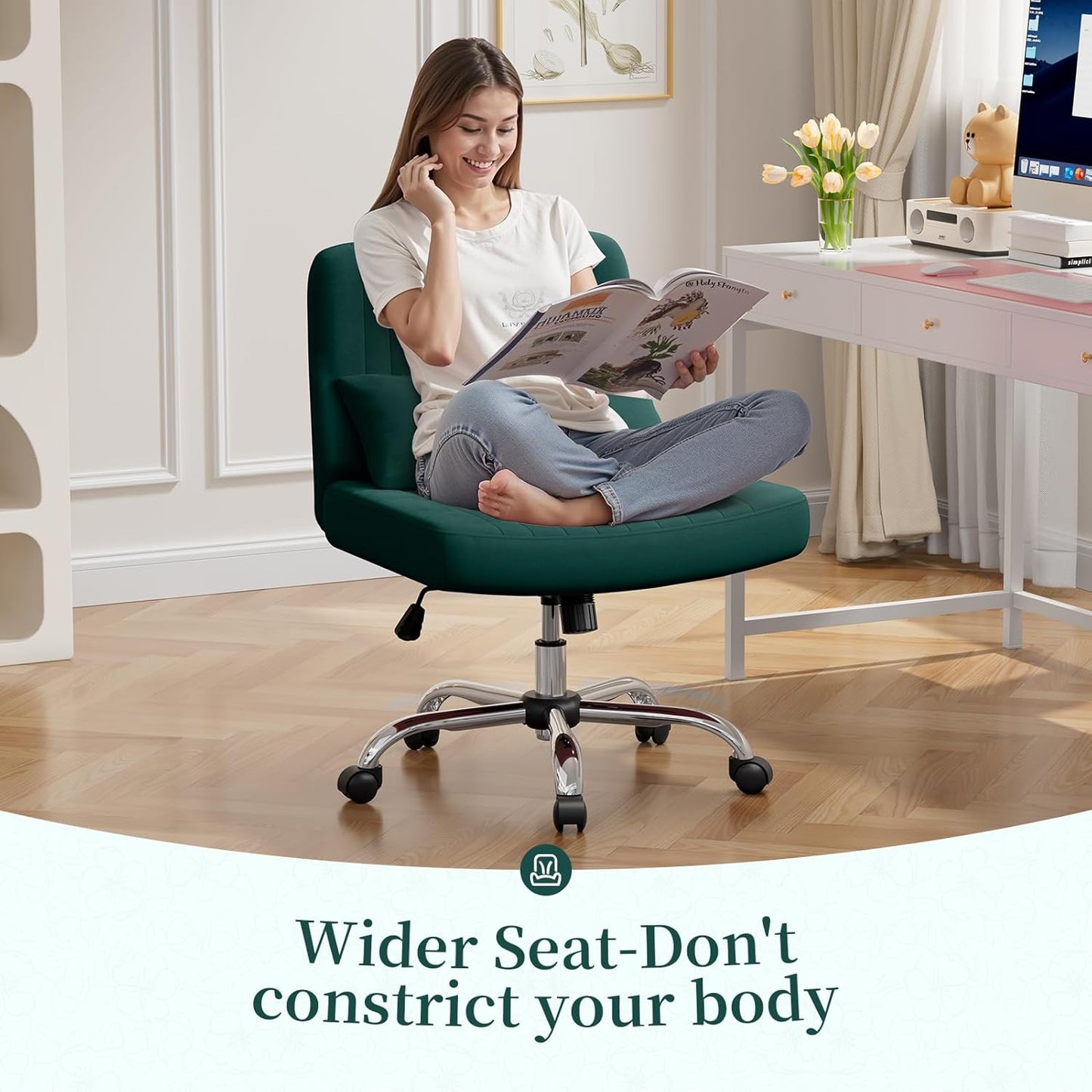 Warmiehomy Criss Cross Office Chair with Wheels, Velvet Cross-Legged Desk Chairs for Home, Armless Height Adjustable Swivel Wide Seat Computer Chair, Morden Vanity Chair for Women, Dark Green