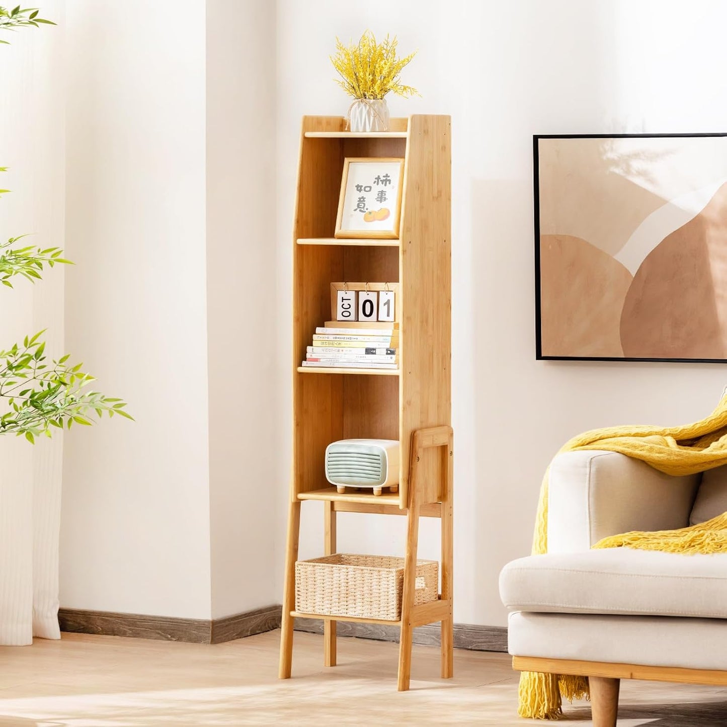 Welnow Bamboo Bookcase with Cabinet, Natural End Table with 3-Tier Storage Shelf, Modern Bedside Organizer Side Table for Bedroom or Living Room, Wood Bookshelf with Open Space