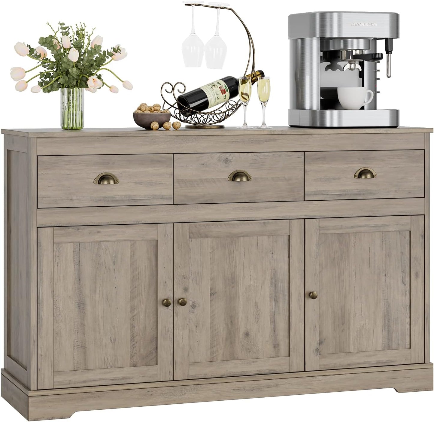 Keyluv Buffet Storage Cabinet, Sideboard Farmhouse Server Bar Wine Cabinet with 3 Drawers & 3 Doors Adjustable Shelves Console Table for Kitchen, Dining Living Room Cupboard, Grey Wash