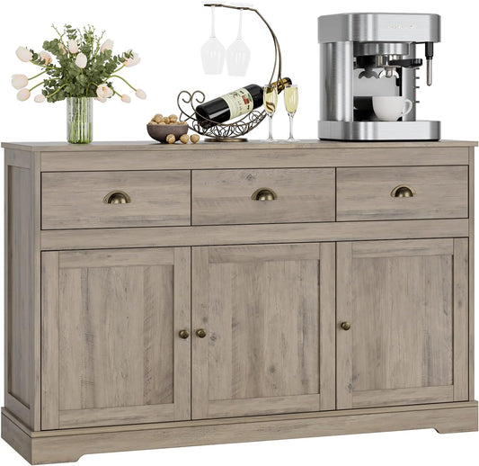 Keyluv Buffet Storage Cabinet, Sideboard Farmhouse Server Bar Wine Cabinet with 3 Drawers & 3 Doors Adjustable Shelves Console Table for Kitchen, Dining Living Room Cupboard, Grey Wash