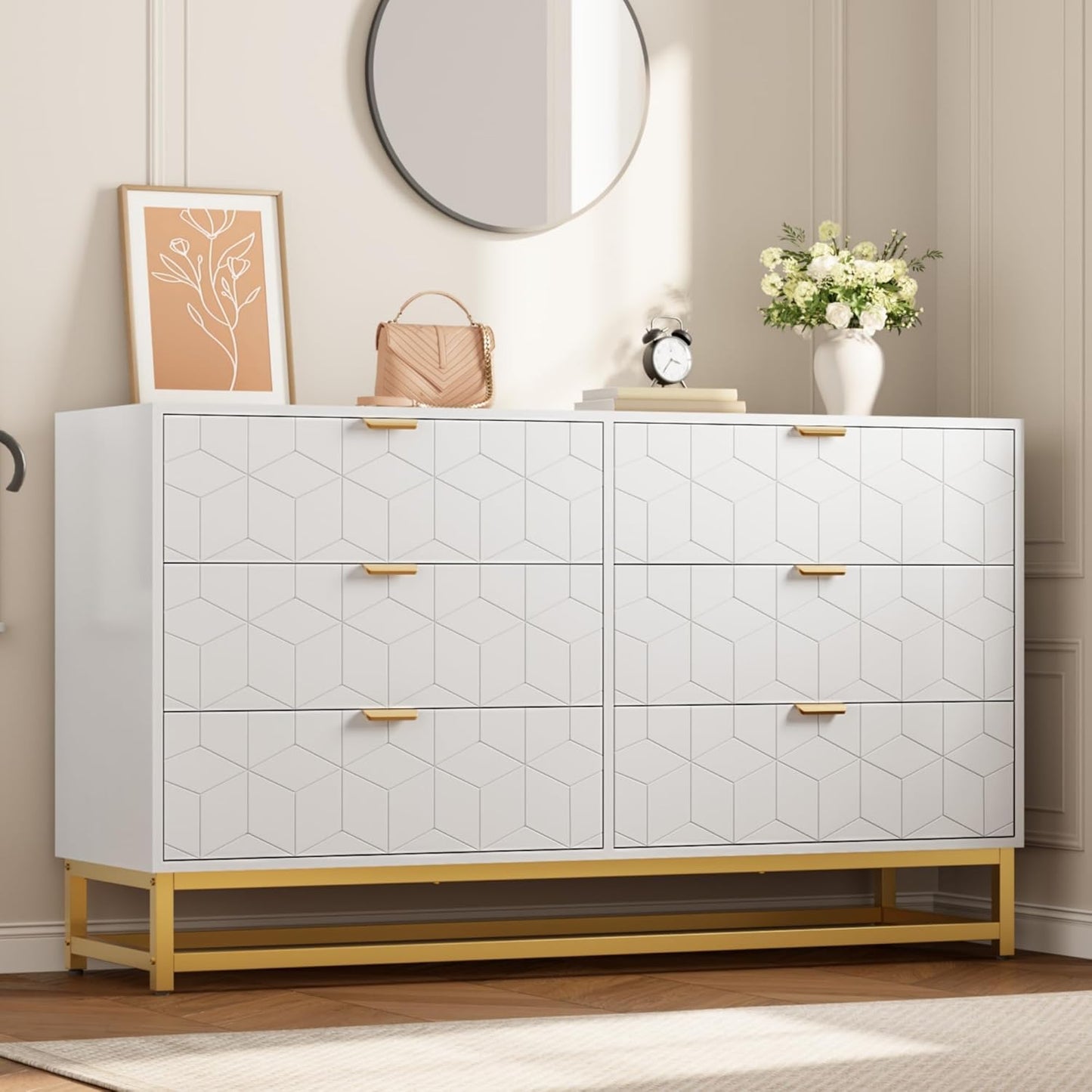 Dresser for Bedroom, 53.5" Large Dresser Organizer, 6 Drawer with Golden Metal Handle and Legs, Modern Chest of Drawers, White Dressers with Drawers for Closet, Hallway, Living Room, Entryway