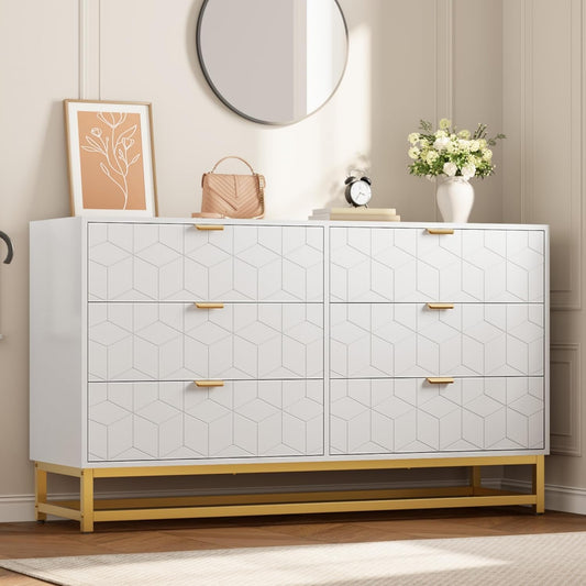 Dresser for Bedroom, 53.5" Large Dresser Organizer, 6 Drawer with Golden Metal Handle and Legs, Modern Chest of Drawers, White Dressers with Drawers for Closet, Hallway, Living Room, Entryway