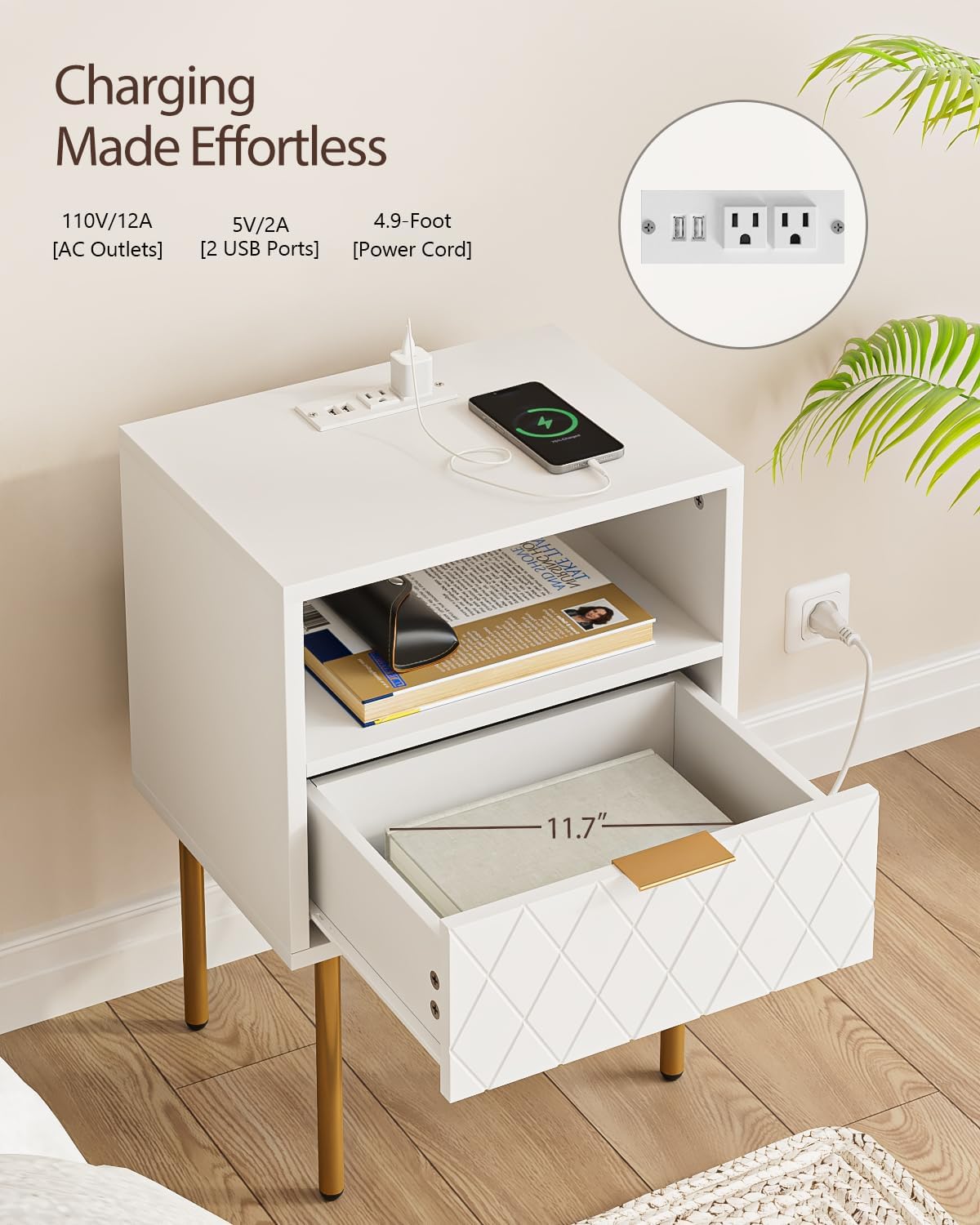 Nightstand,Morden Bedside Table with Gold Frame,Small White Night Stand,End Table,Bedside Furniture,Side Table with Drawer and Shelf for Bedroom,Living Room (1Drawer, White-Outlet-pane)