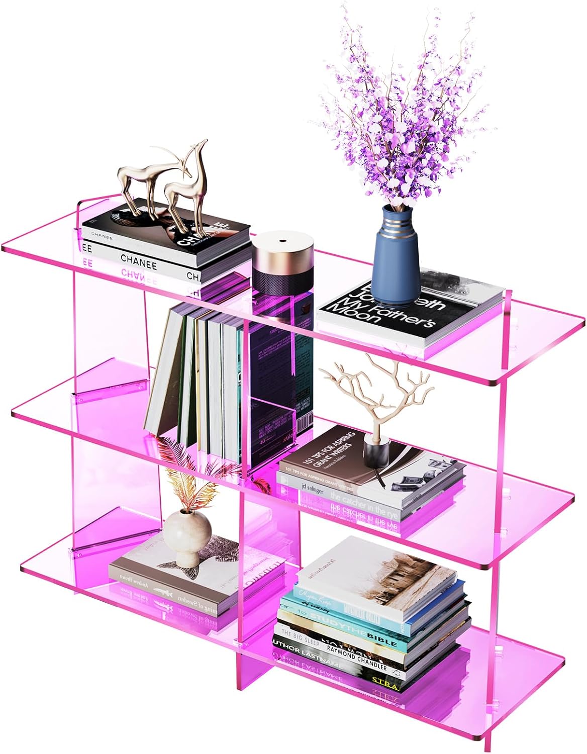 Acrylic Bookshelf, Small 3 Tier Open Bookcase for Small Spaces,Sofa Table, Hallway Entry Table for Home Living Room (Pink, 39.4'' x 11.8'' x 31.5'')