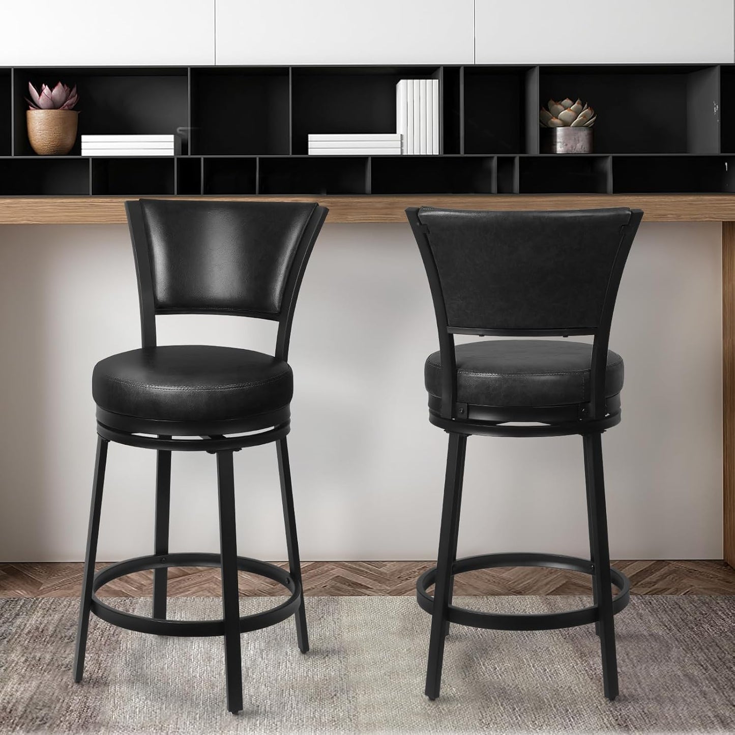 Bar Stools, 25 Inch Metal Counter Height Barstools Set of 2, Faux Leather Round 360° Swivel Bar Chairs with Backrest, Modern Swivel Bar Stool for Kitchen Island, Black