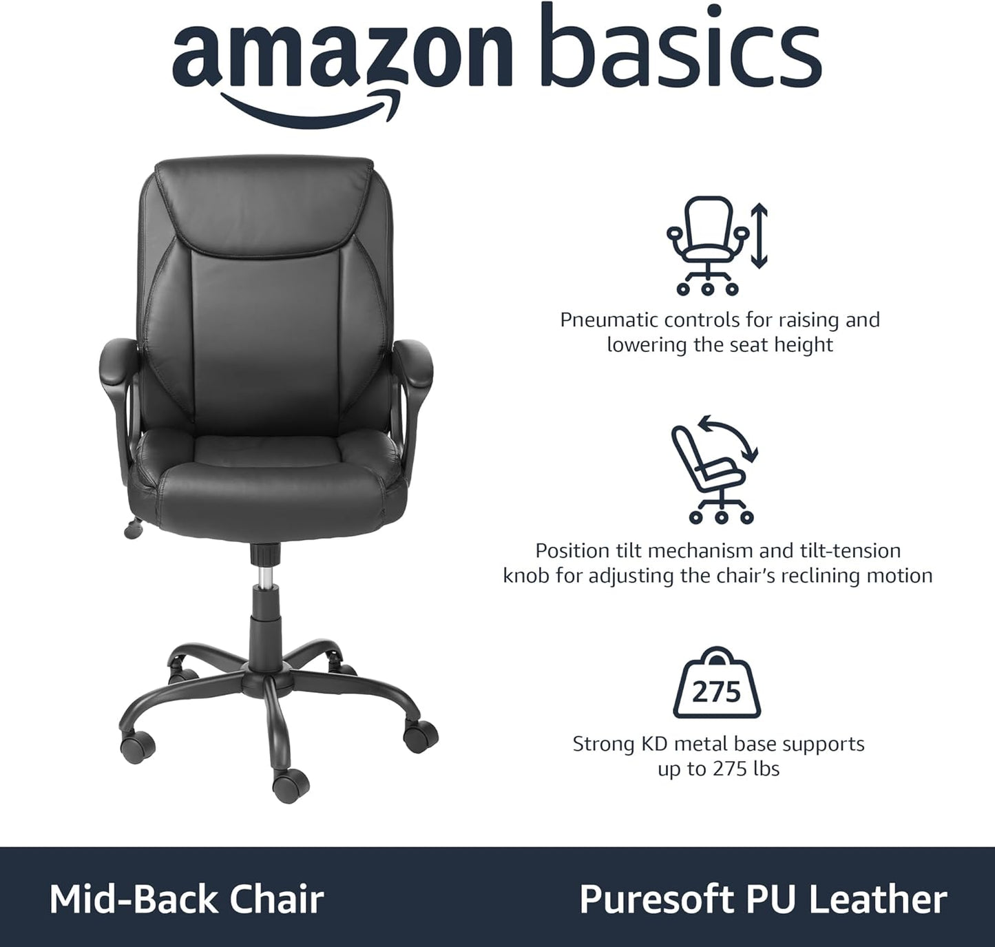 Amazon Basics Classic Puresoft PU Padded Mid-Back Height Adjustable Office Computer Desk Chair with Armrest, 26"D x 23.75"W x 42"H, Black