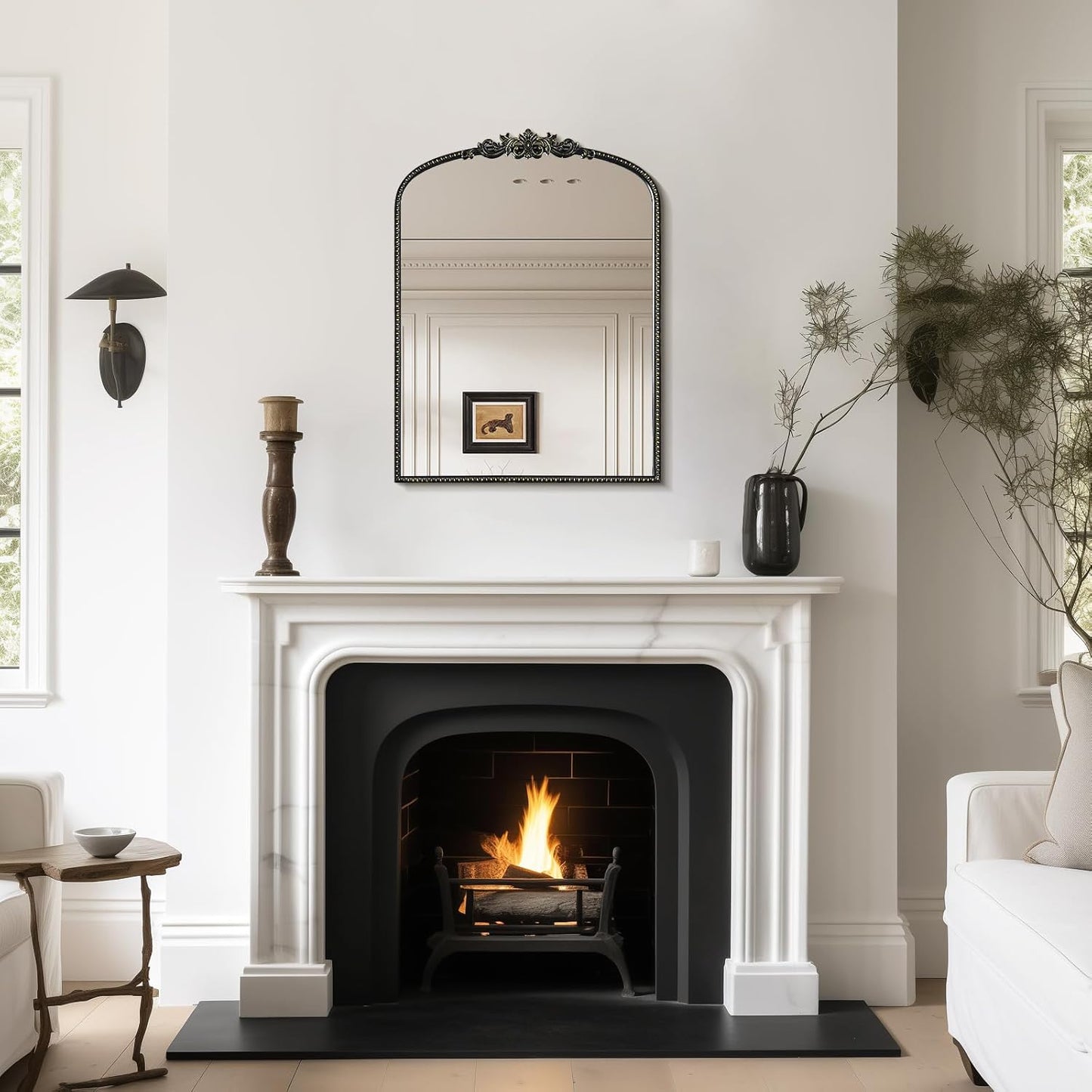 WallBeyond Gold Vintage Arched Wall Mirror, 24x32 Inch, Black Iron Frame, Bathroom, Living Room, Entryway