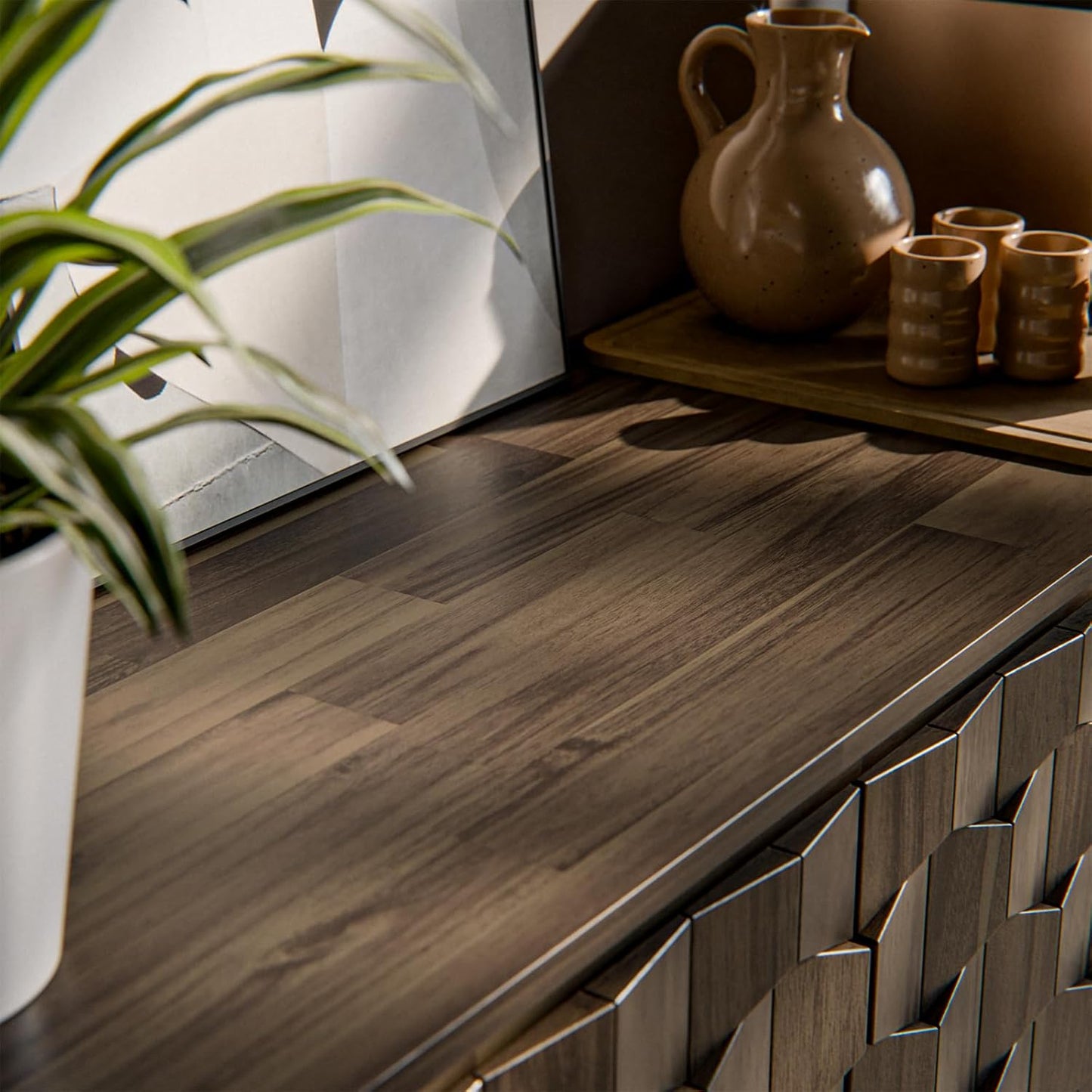 Bme Georgina Solid Wood Sideboard with Geometric Pattern, 2 Doors and 3 Drawers, 61 Inch Mid Century Modern Sideboard Cabinet for Kitchen, Dining Room, Living Room, Mocha