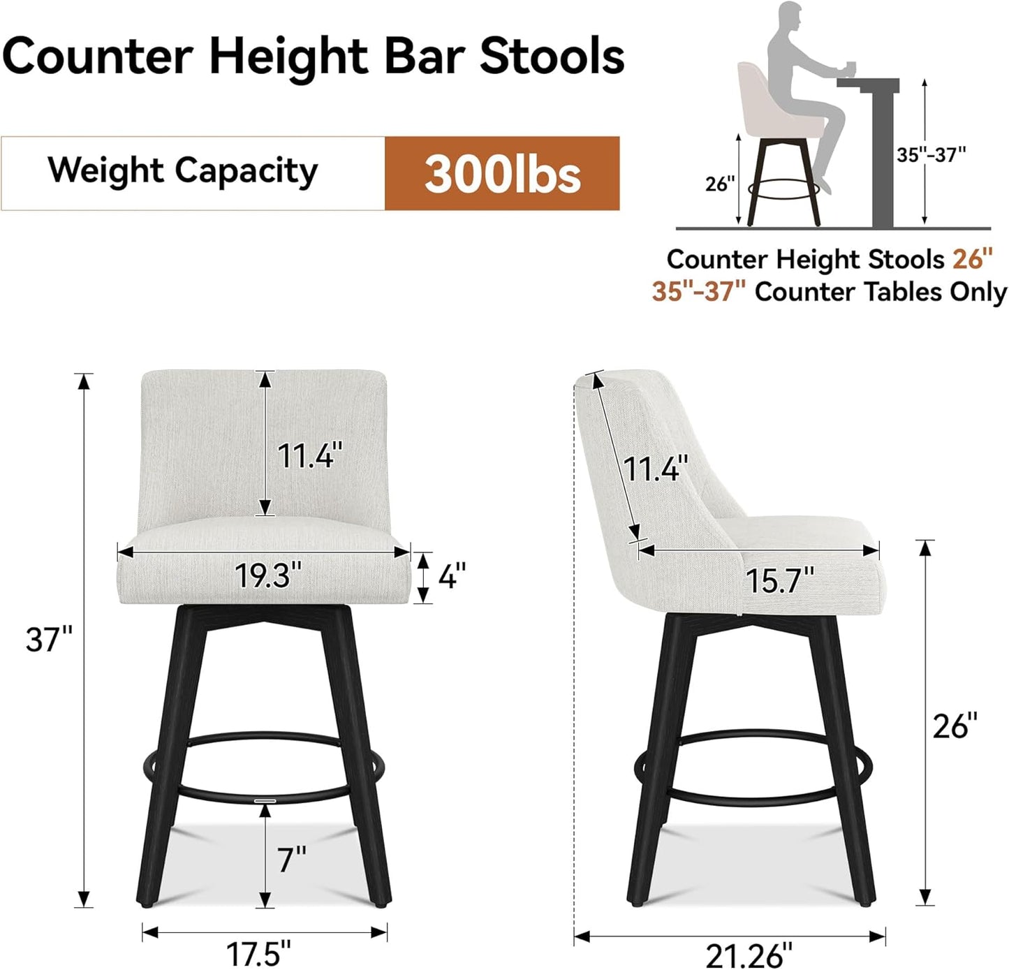 Counter Height Bar Stools Set of 3, Modern Swivel Barstools with Back and Wood Legs, Linen Fabric Upholstered Bar Chairs, 26" H Kitchen Counter Stools, Kitchen Island Home Bar, Ivory