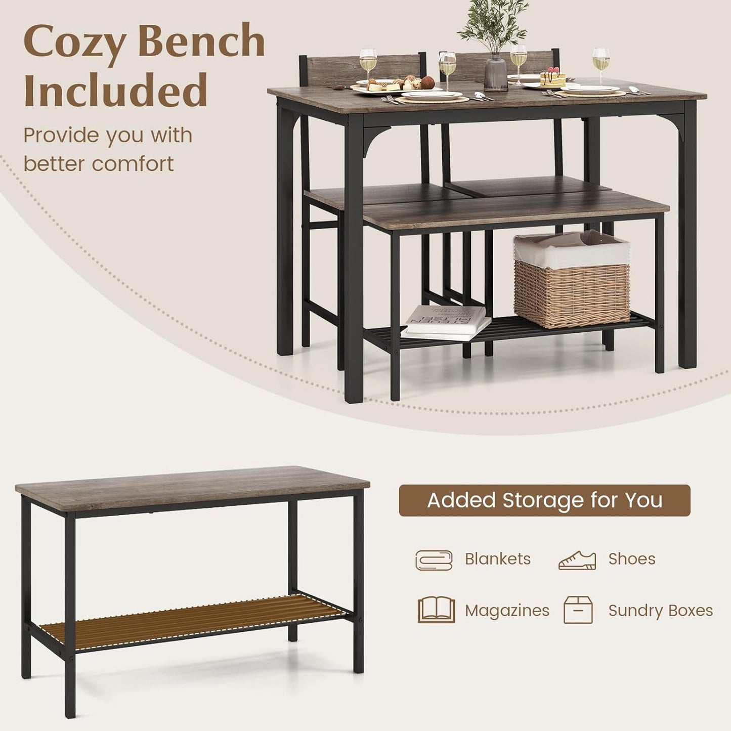 Tangkula Dining Table Set for 4, Kitchen Table and 2 Chairs for 4 with Bench, 4 Piece Dining Table Set for Small Space, Apartment