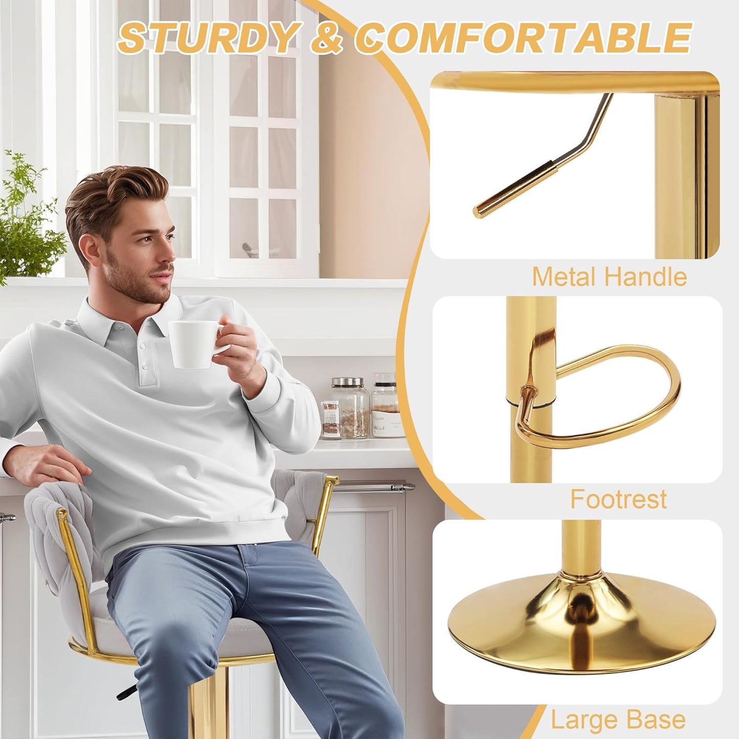 VECELO Bar Stools Set of 2, Adjustable Barstools Counter Height Stools with Back and Arm, Velvet Woven Kitchen Island Stools w/Gold Metal Leg & Base, 360° Swivel Bar Chair, Light Grey