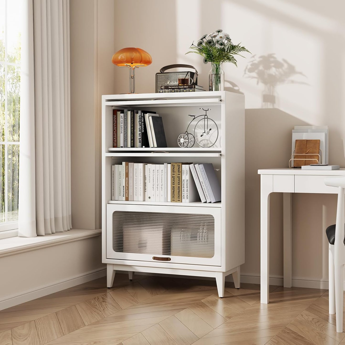 Solid Wood Storage Cabinet with Glass Doors, 3 Shelf Small Storage Cabinet, Mid Century Modern Bookcase, Kitchen Pantry Cabinet (White, 31.5" W)
