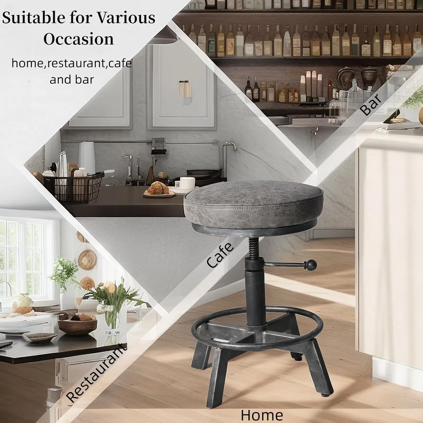 Vintage Short Bar Stools Swivel PU Seat 15-21inch Height Adjustable Extra Guest Chair Kitchen Island Counter Stool(Set of 2)