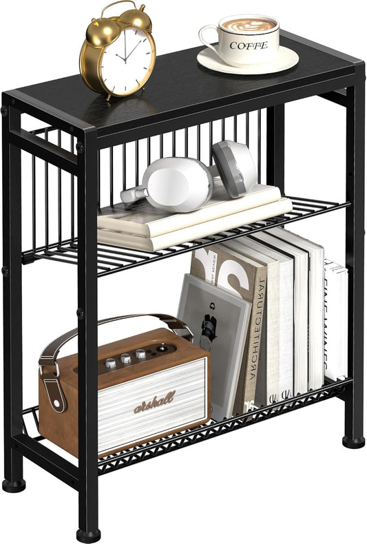Narrow Side Table for Small Space, 3-Tier End Table with Magazine Holder, Slim Nightstand with Wire Shelf, Skinny Bedside Table in Living Room, Bedroom, Study, Kitchen and Balcony (Black)